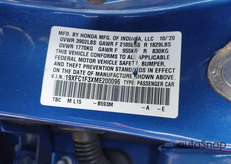 2021 Honda Civic Ex z USA, uszkodzony, nr VIN 19XFC1F3XME200096